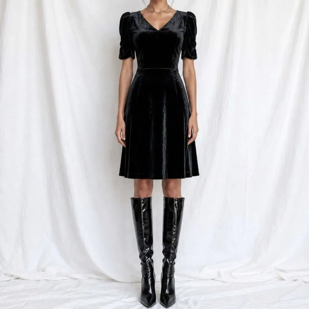 Vintage Y2K Talbots Black Velvet V-Neck Puffy Sleeve Flared Cocktail Dress M